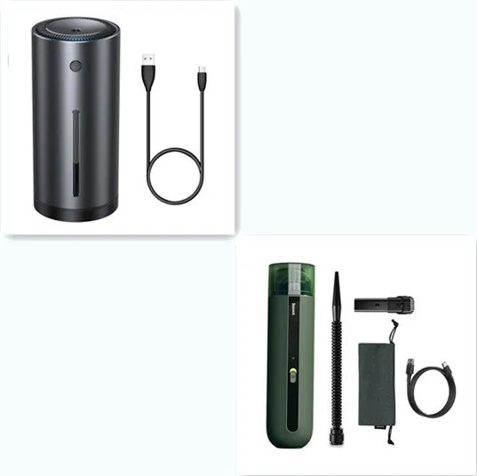 Baseus wireless handheld car vacuum cleaner in black, shown with blowing hose attachment and Type-C charging cable.