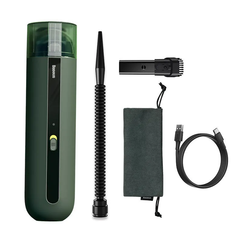 Baseus wireless handheld car vacuum cleaner in black, shown with blowing hose attachment and Type-C charging cable.