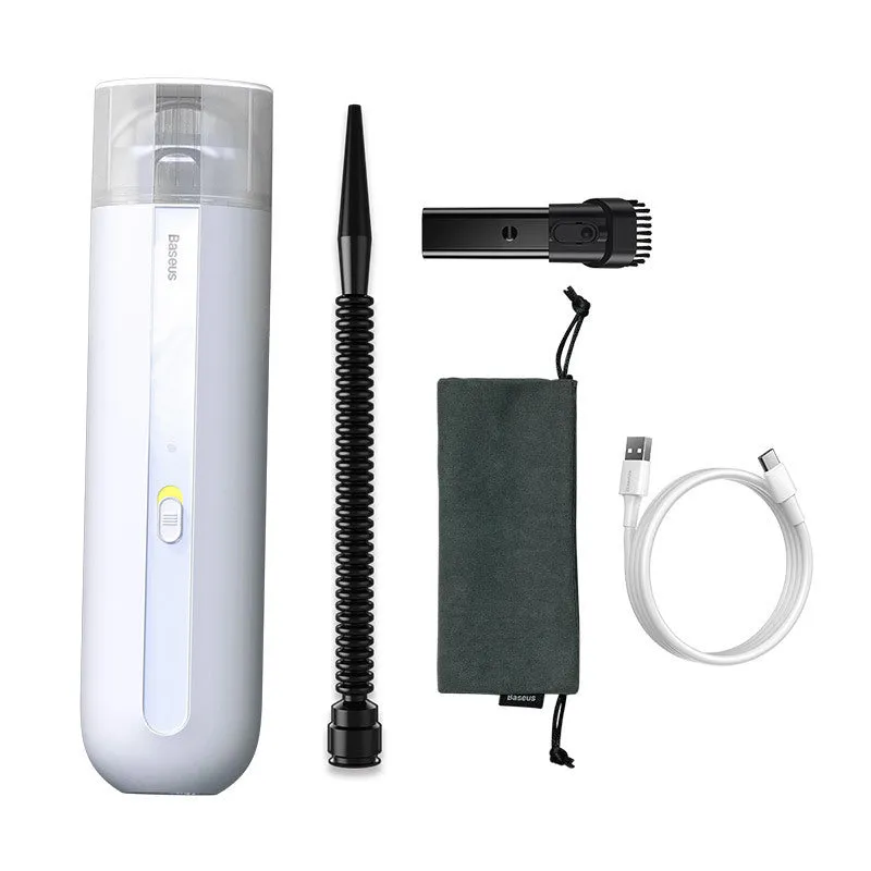 Baseus wireless handheld car vacuum cleaner in black, shown with blowing hose attachment and Type-C charging cable.
