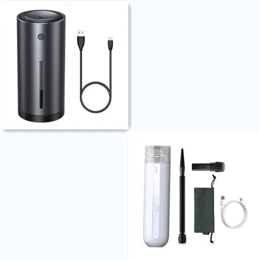Baseus wireless handheld car vacuum cleaner in black, shown with blowing hose attachment and Type-C charging cable.