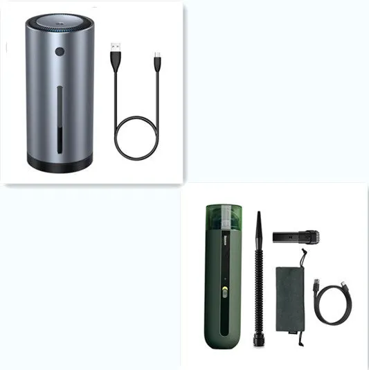 Baseus wireless handheld car vacuum cleaner in black, shown with blowing hose attachment and Type-C charging cable.