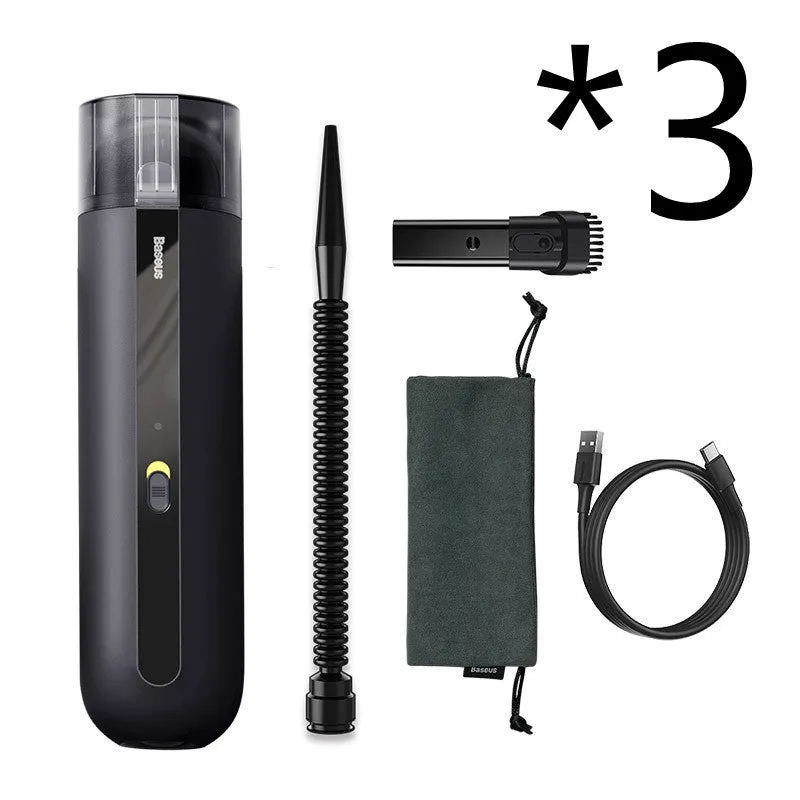 Baseus wireless handheld car vacuum cleaner in black, shown with blowing hose attachment and Type-C charging cable.