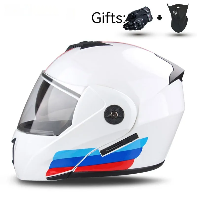 Electric motorcycle helmet with double lens design and exposed styling in various colour options