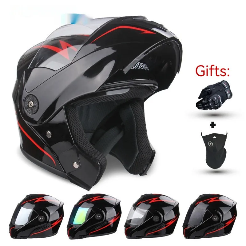 Electric motorcycle helmet with double lens design and exposed styling in various colour options