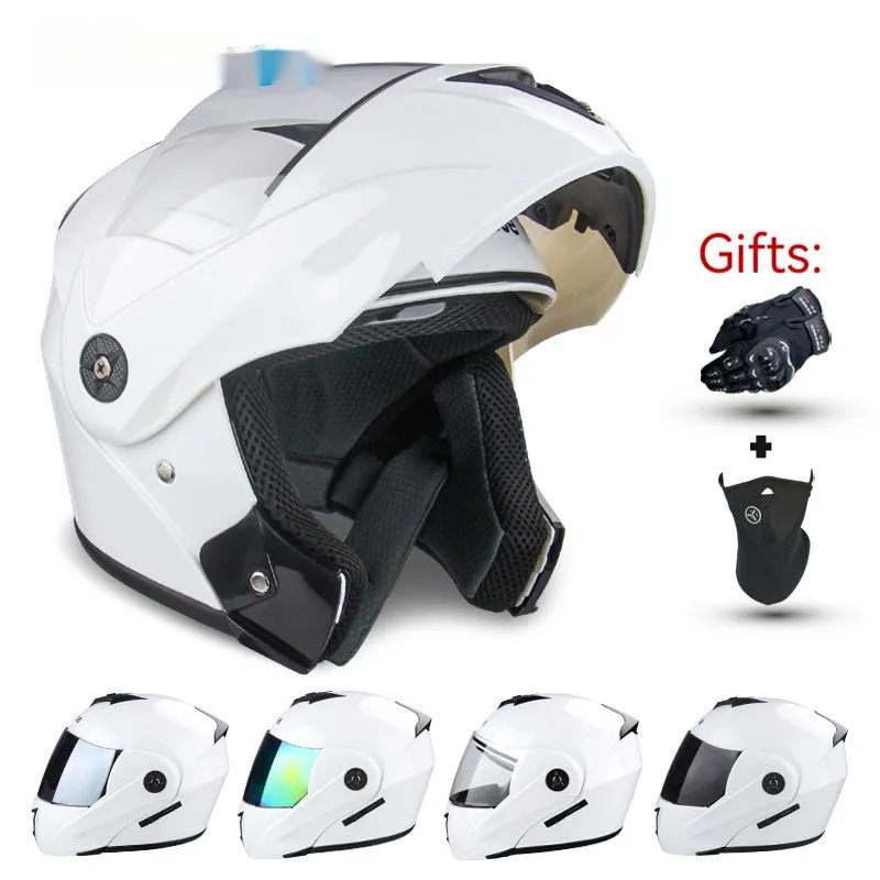 Electric motorcycle helmet with double lens design and exposed styling in various colour options