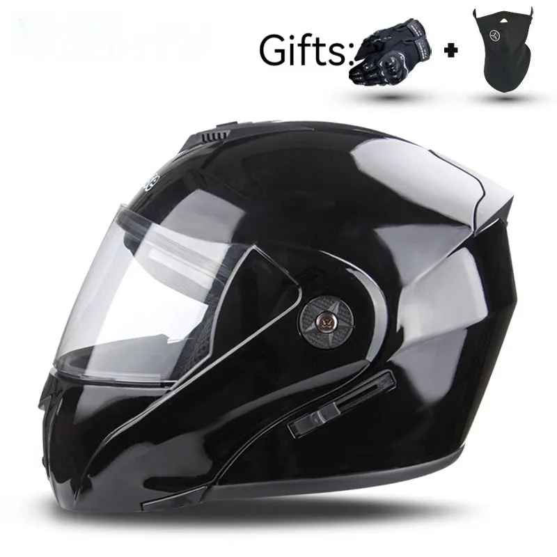 Electric motorcycle helmet with double lens design and exposed styling in various colour options