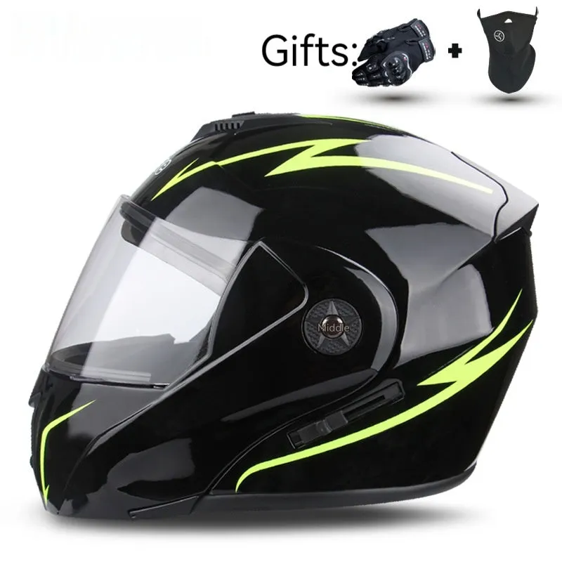Electric motorcycle helmet with double lens design and exposed styling in various colour options