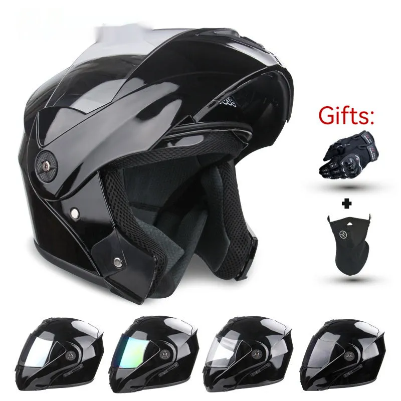 Electric motorcycle helmet with double lens design and exposed styling in various colour options
