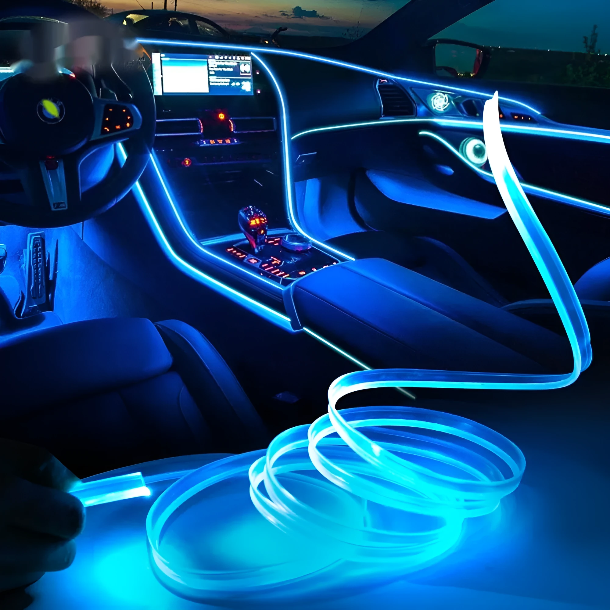 Flexible PVC car ambience light strip with USB connector in multicolour lighting