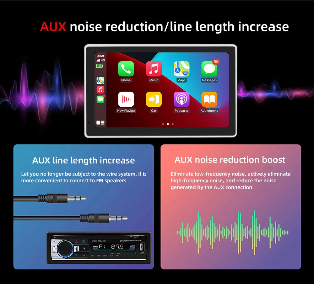 Black 7-inch wireless CarPlay projection camera and dash cam with wide-angle lens on car dashboard