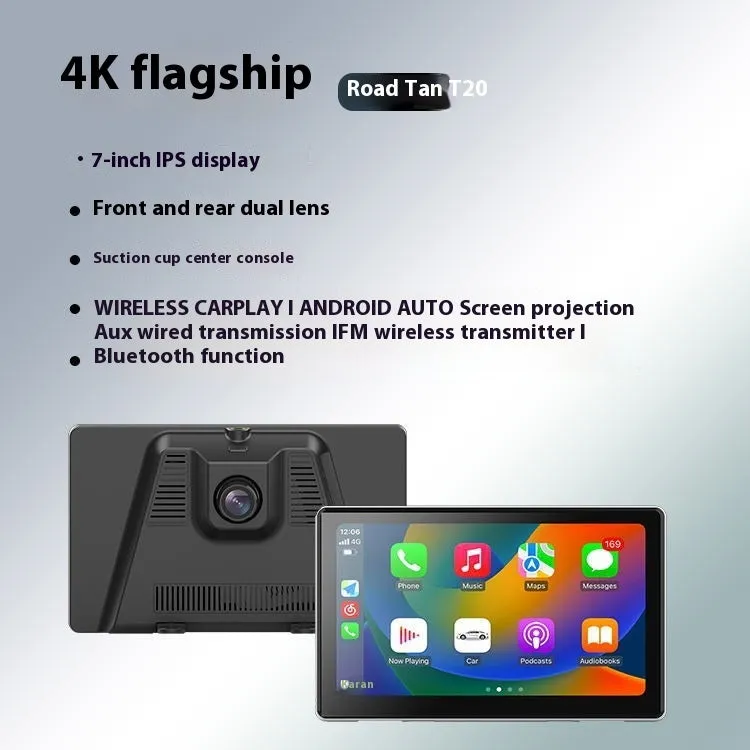 Black 7-inch wireless CarPlay projection camera and dash cam with wide-angle lens on car dashboard