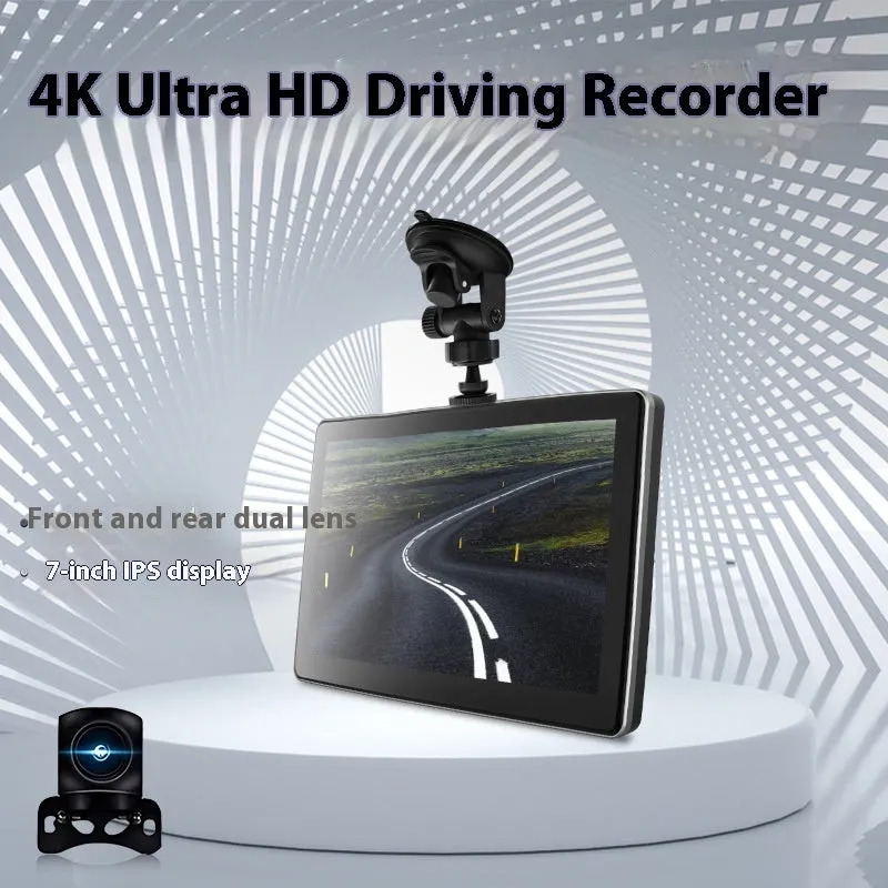 Black 7-inch wireless CarPlay projection camera and dash cam with wide-angle lens on car dashboard