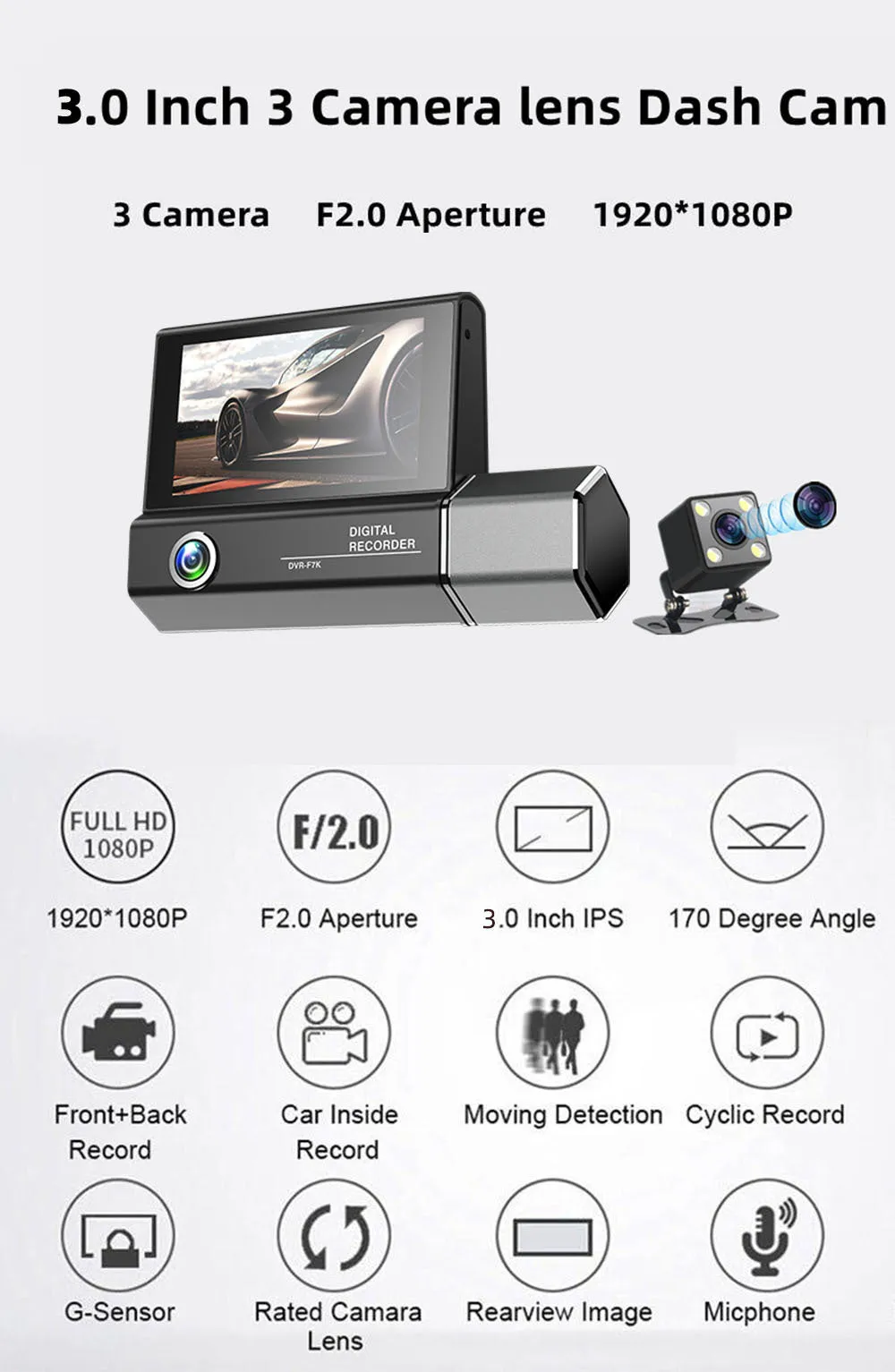 Black triple-lens HD 1080P car dash camera with touch screen