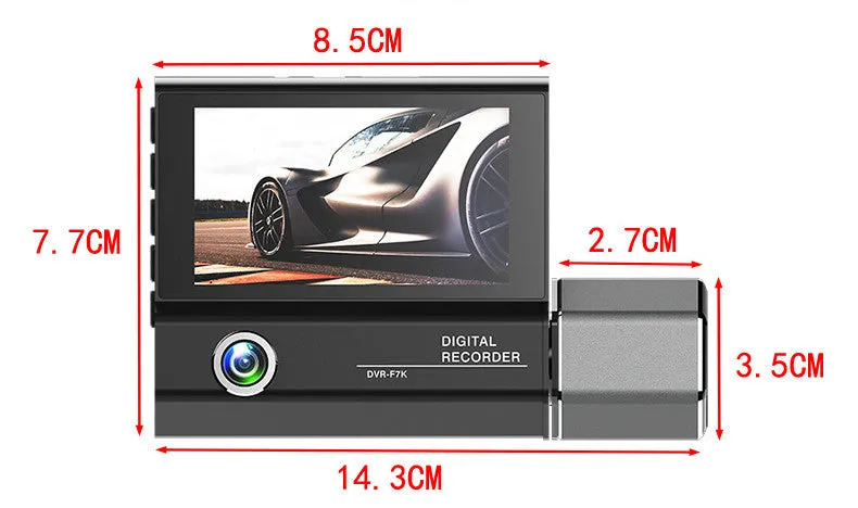 Black triple-lens HD 1080P car dash camera with touch screen