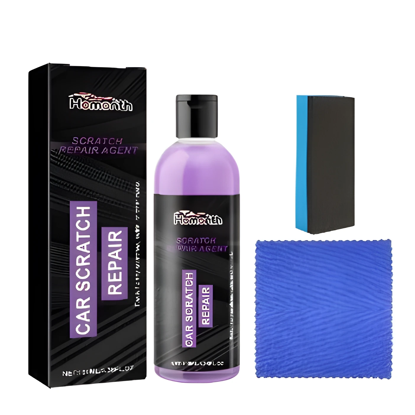 100ml scratch repair kit bottle with sponge applicator and microfibre cloth for car and furniture scratches.