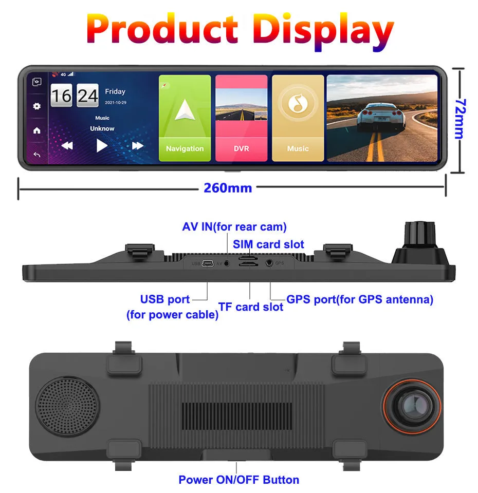 Black rearview mirror dash cam tachograph with wide-angle lens for front and rear recording