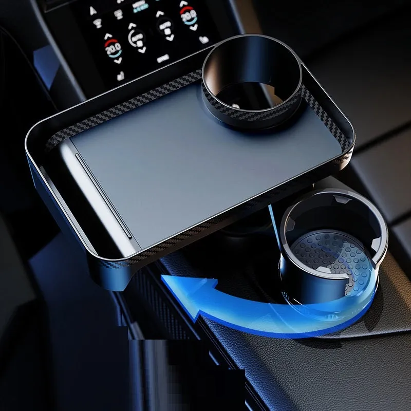 Black ABS plastic car cup holder with a 360-degree rotating base and an attached flat dinner plate.