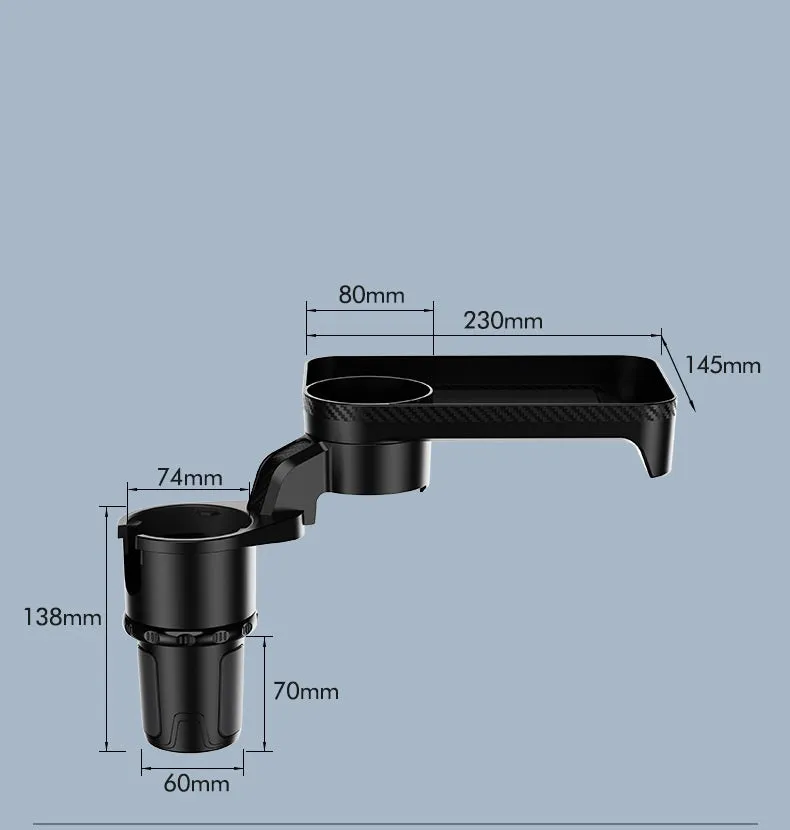 Black ABS plastic car cup holder with a 360-degree rotating base and an attached flat dinner plate.