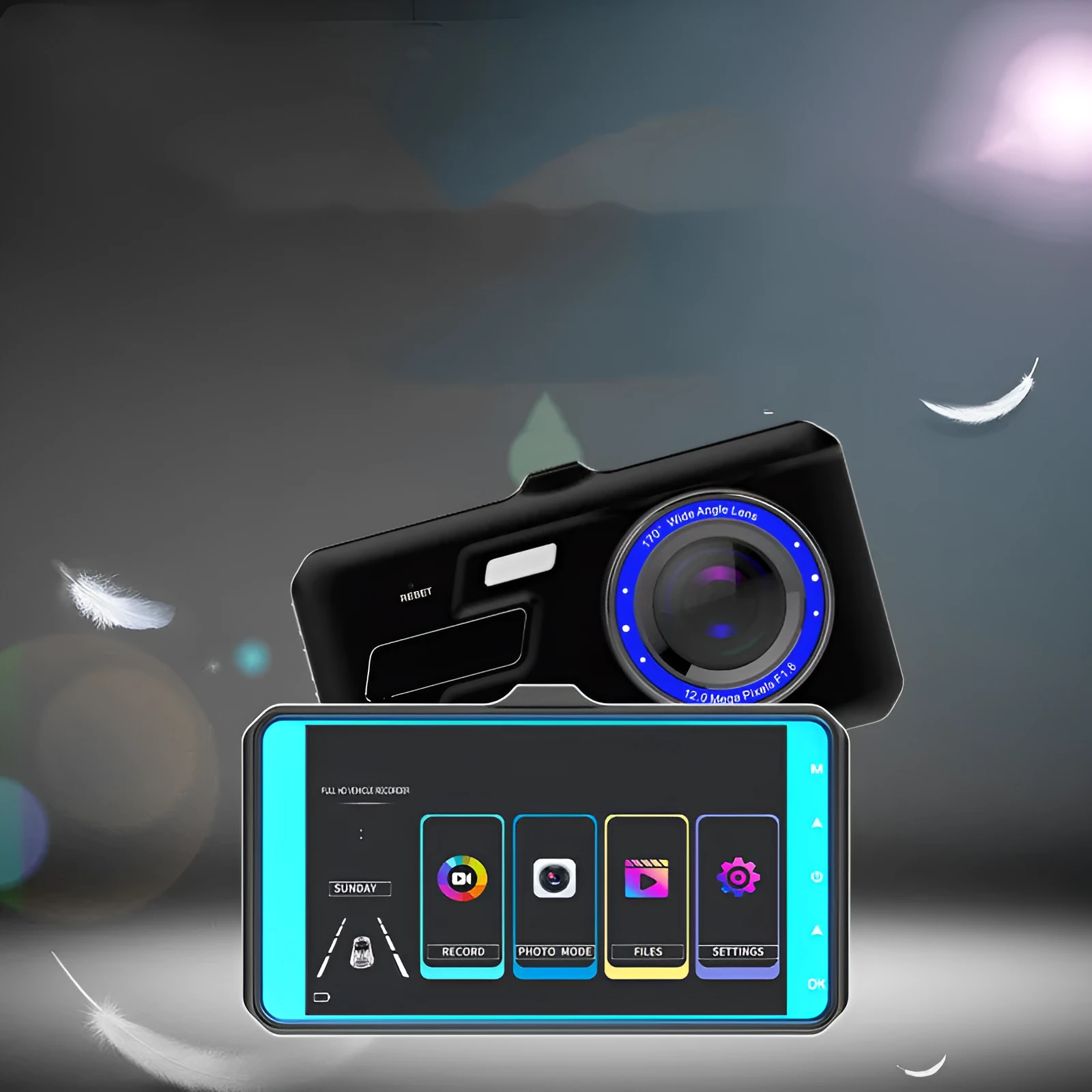 Black front and rear dual lens car dash cam with 4.0 inch touch screen display