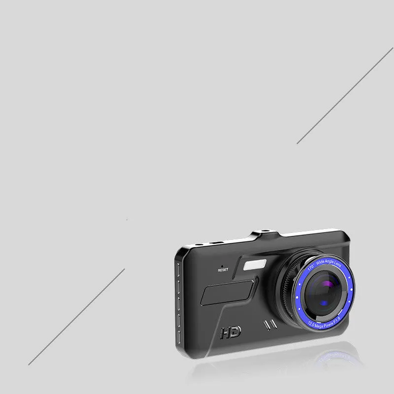 Black front and rear dual lens car dash cam with 4.0 inch touch screen display