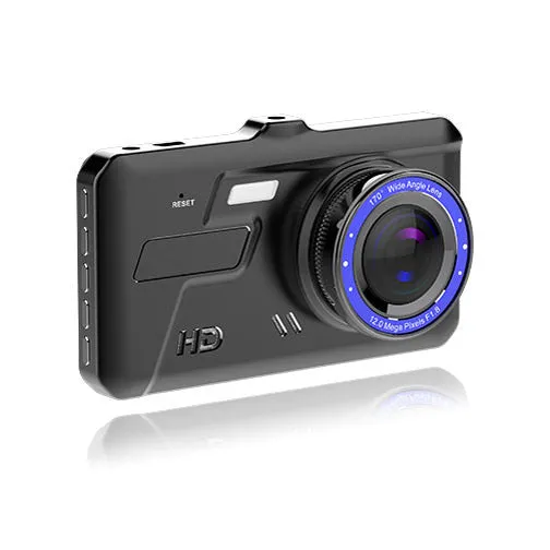 Black front and rear dual lens car dash cam with 4.0 inch touch screen display