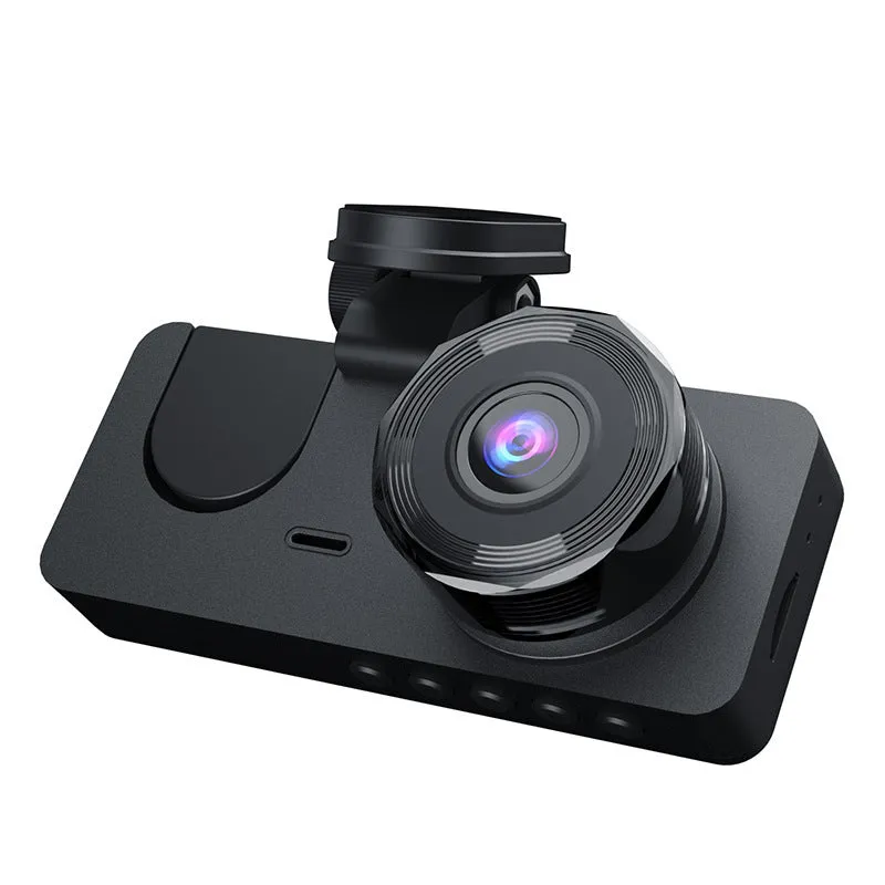 Black touch-screen car dashcam for 1080P front and rear recording with 170 degree wide angle lens