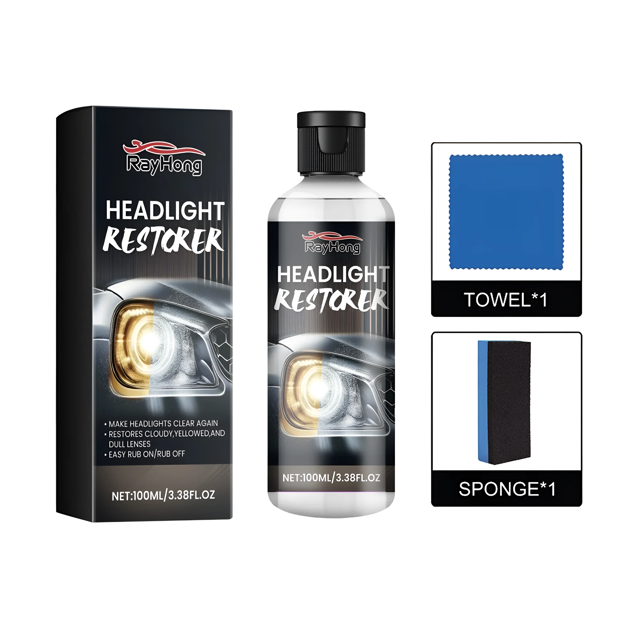 Headlight restoration kit with PET fluid bottle, microfiber cloth, and sponge applicator for car lens polishing