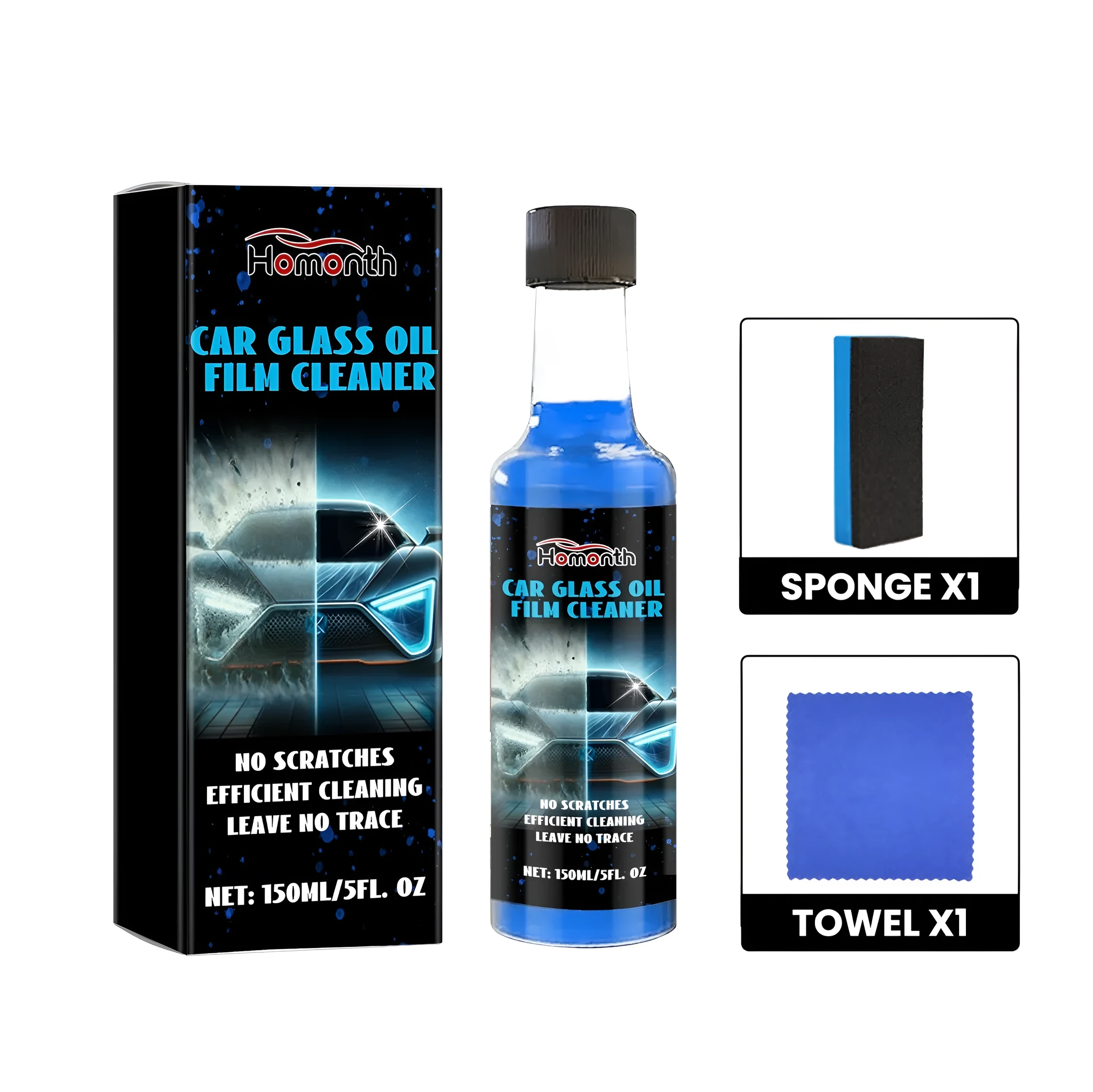 Blue PET bottle automotive glass oil film cleaner 150ml with sponge and towel