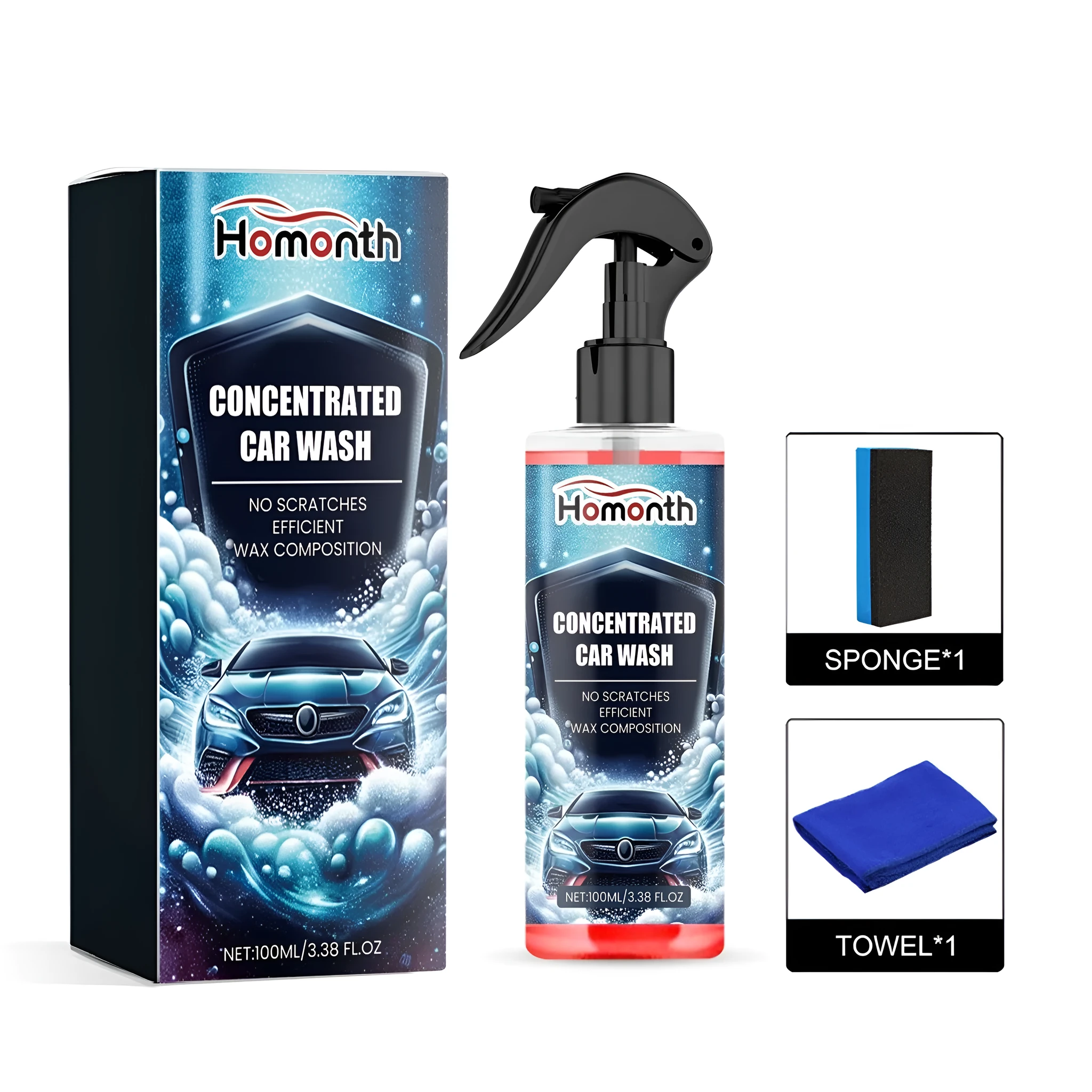 Car exterior cleaner kit with bottle, sponge, and microfibre cloth for vehicle cleaning