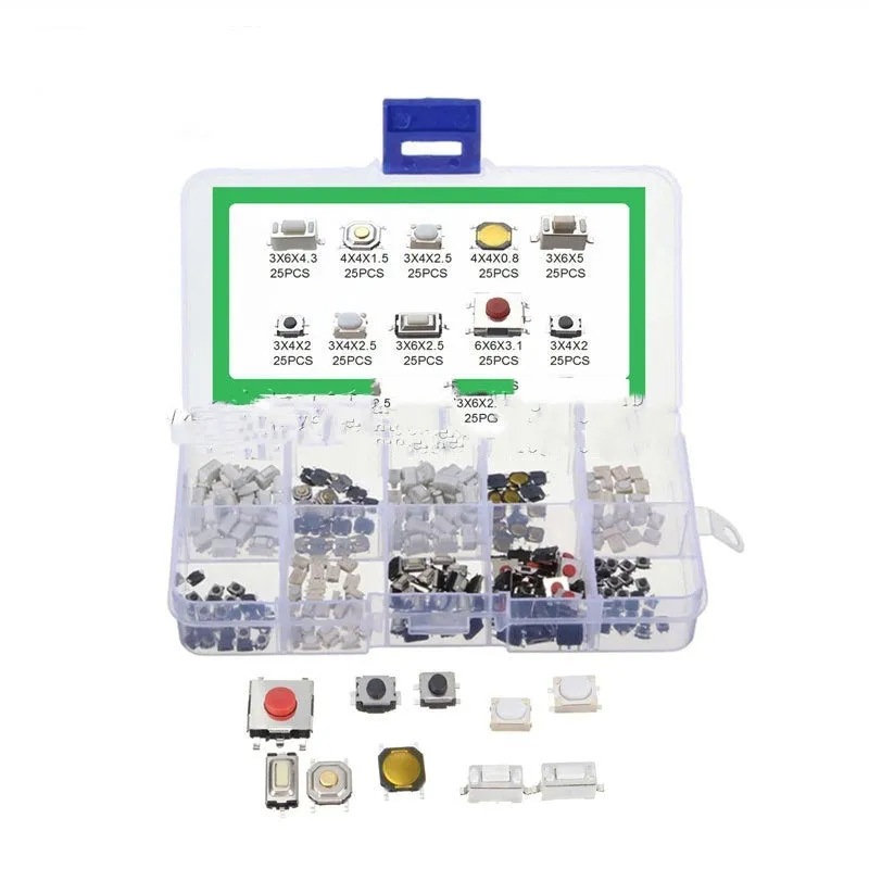 250 SMT tactile push button switches in protective boxed packaging for electronic projects