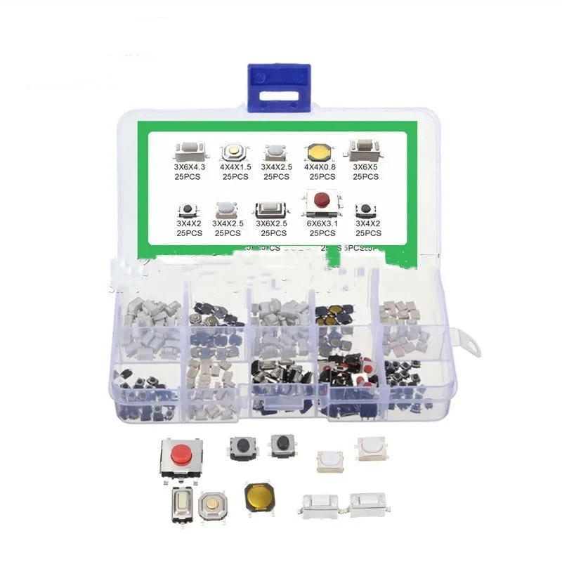 250 SMT tactile push button switches in protective boxed packaging for electronic projects