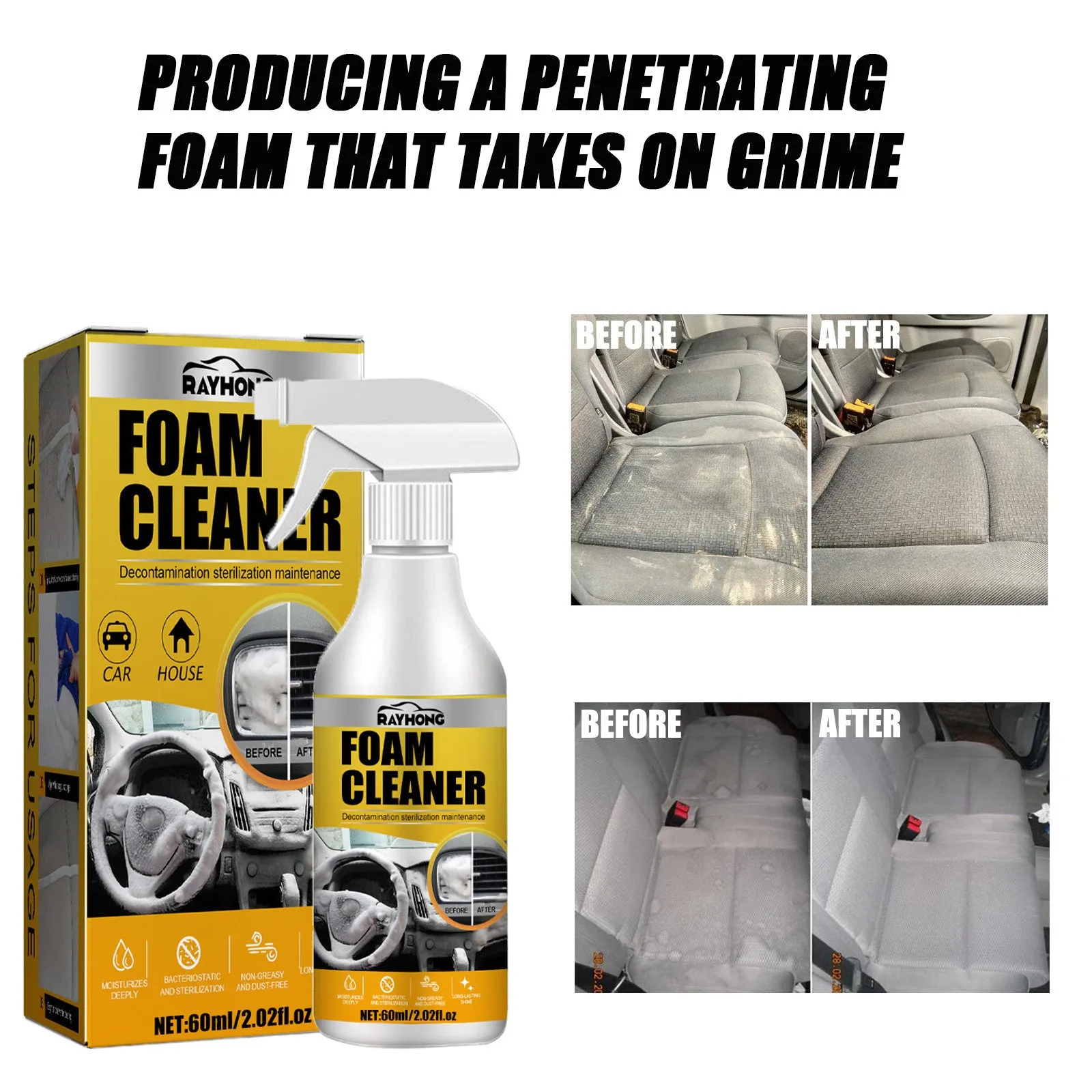 Car interior foamed cleaner bottle and applicator sponge for wash-free stain removal