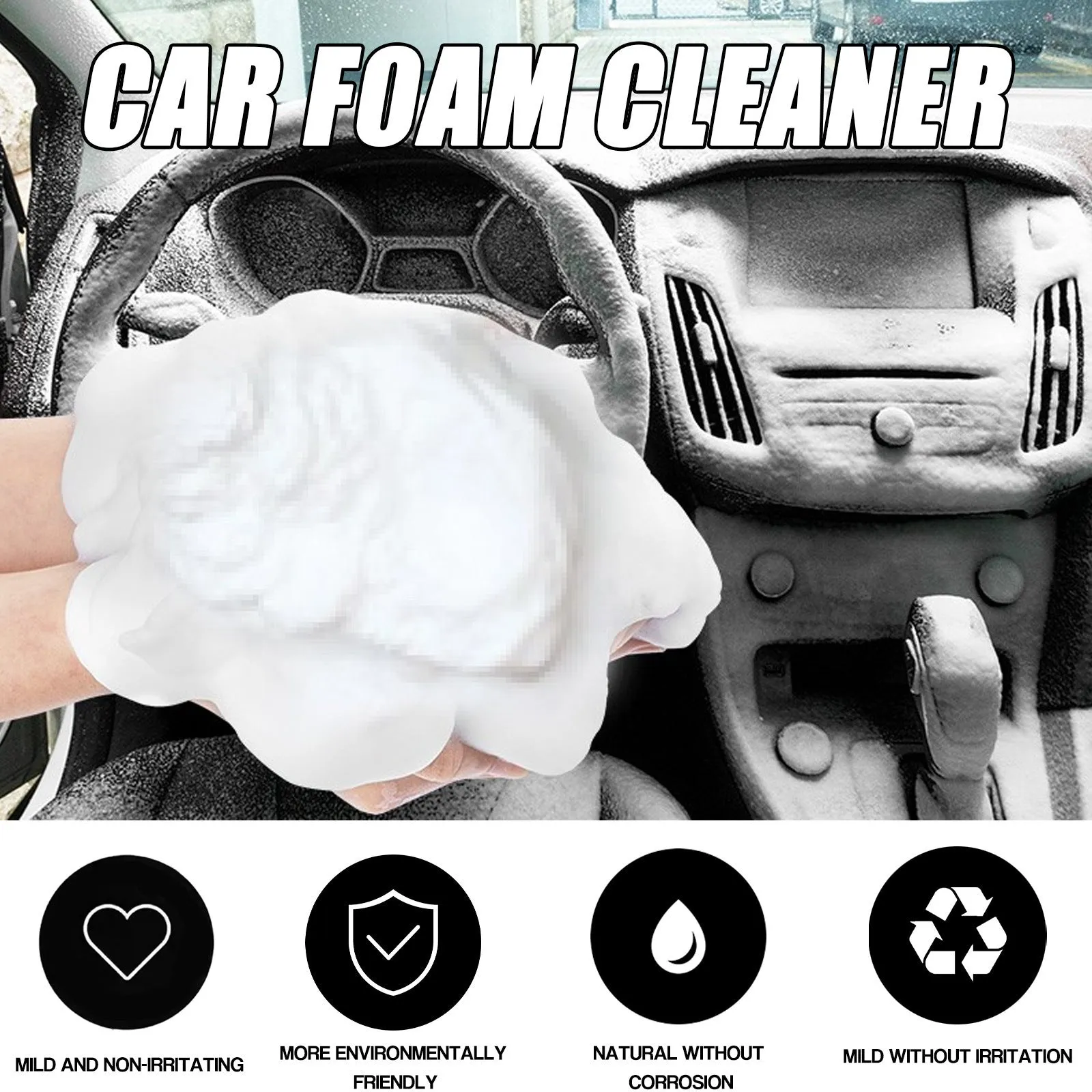 Car interior foamed cleaner bottle and applicator sponge for wash-free stain removal