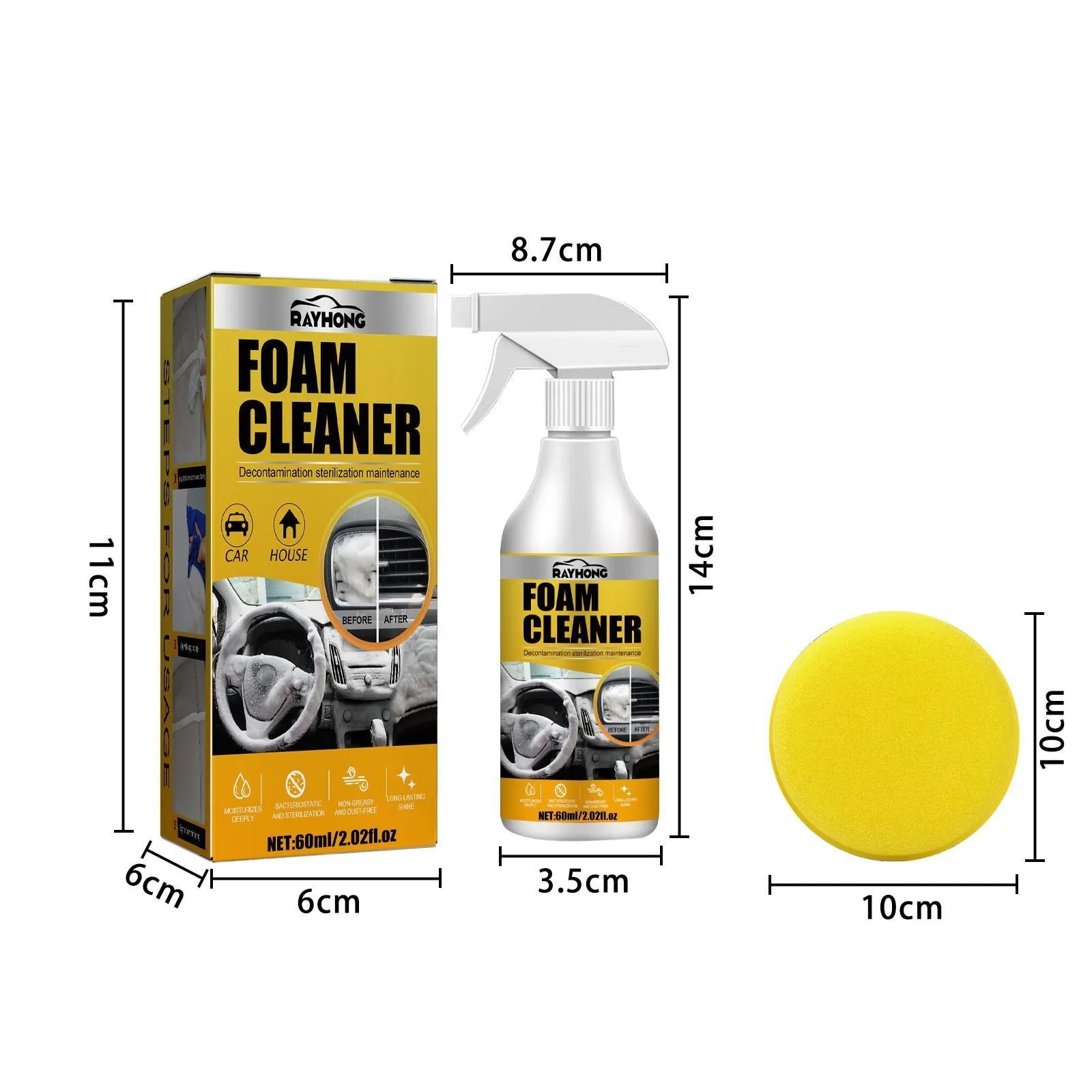 Car interior foamed cleaner bottle and applicator sponge for wash-free stain removal