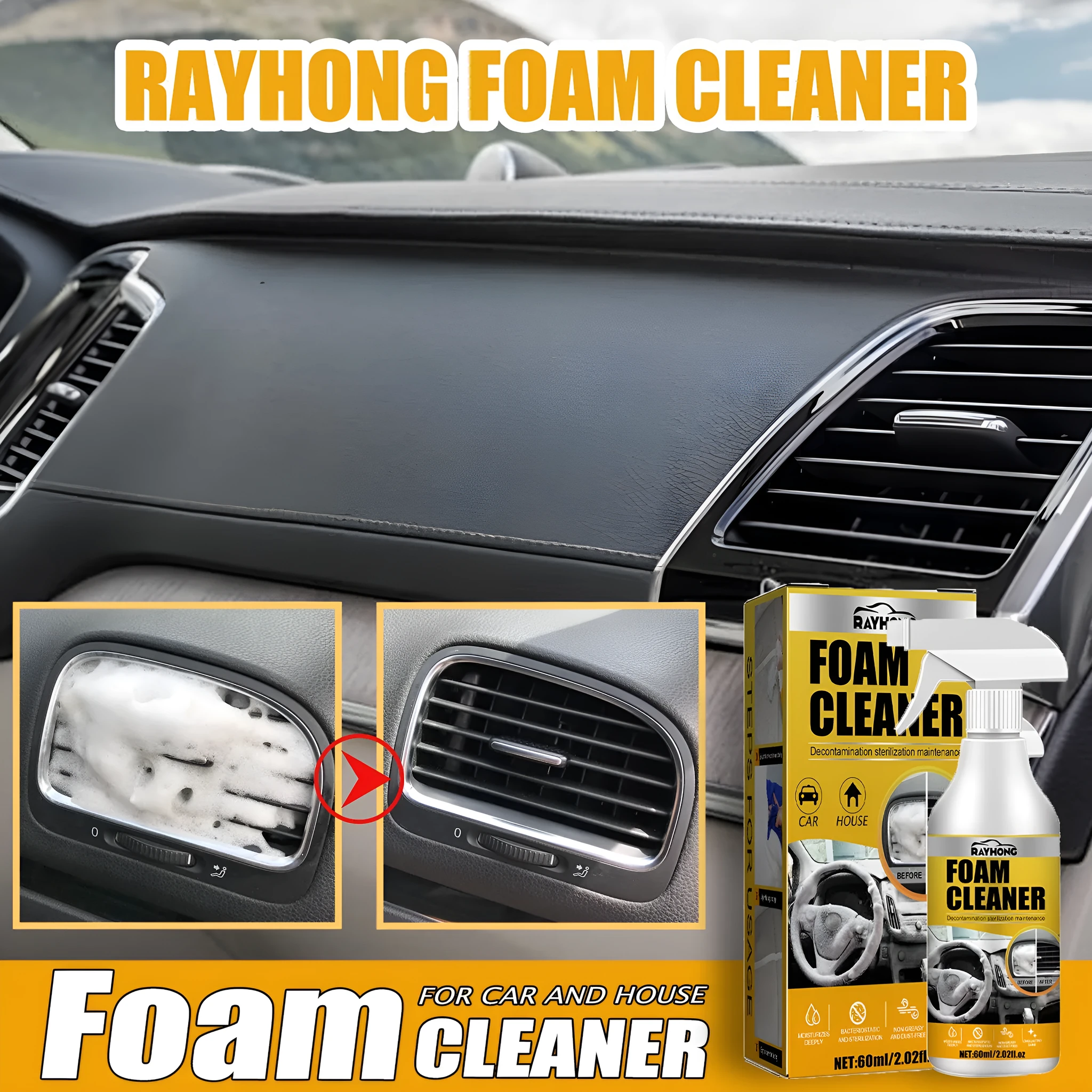 Car interior foamed cleaner bottle and applicator sponge for wash-free stain removal