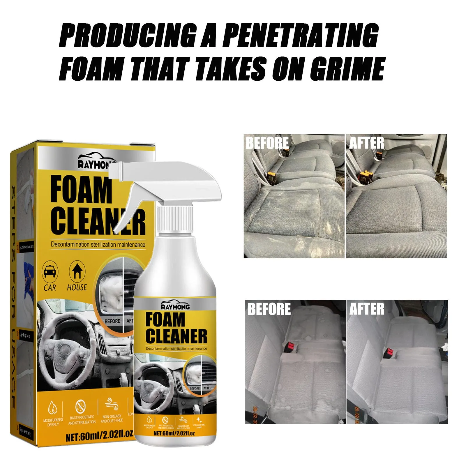 Car interior foamed cleaner bottle and applicator sponge for wash-free stain removal