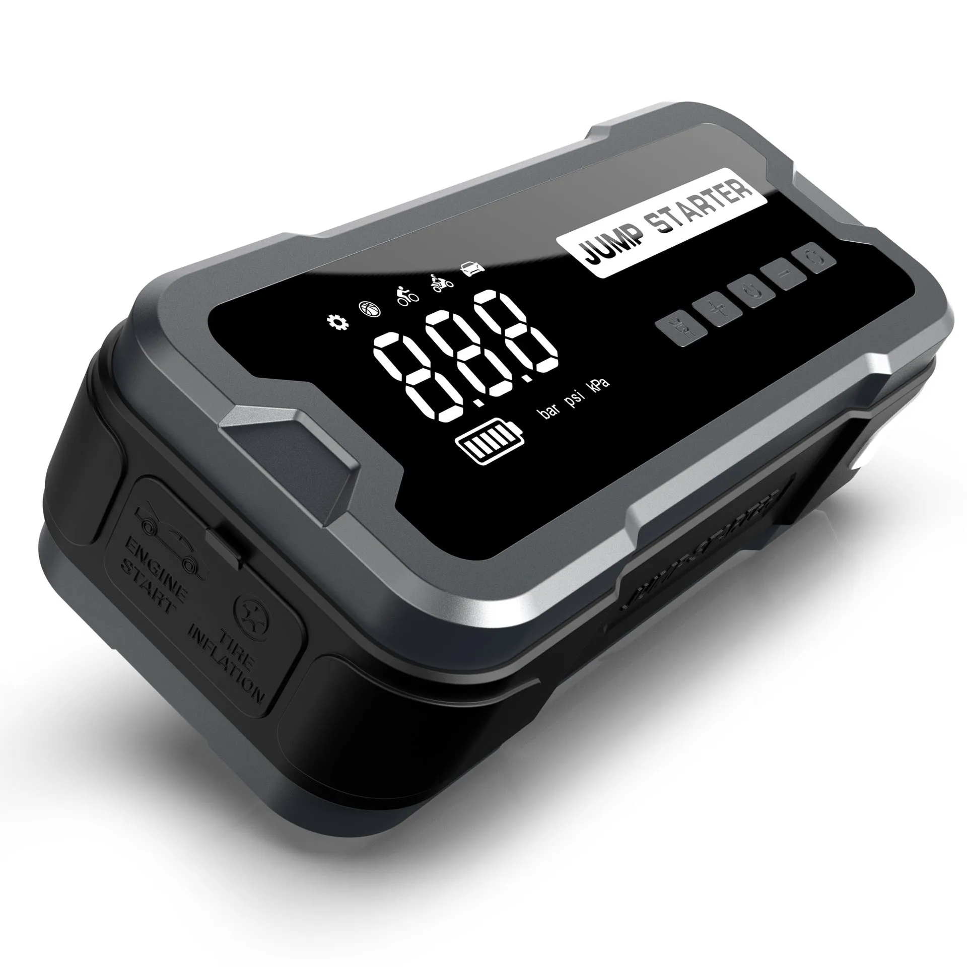 CY53 model black automotive jump starter power bank with built-in air compressor, LCD screen, and LED lights