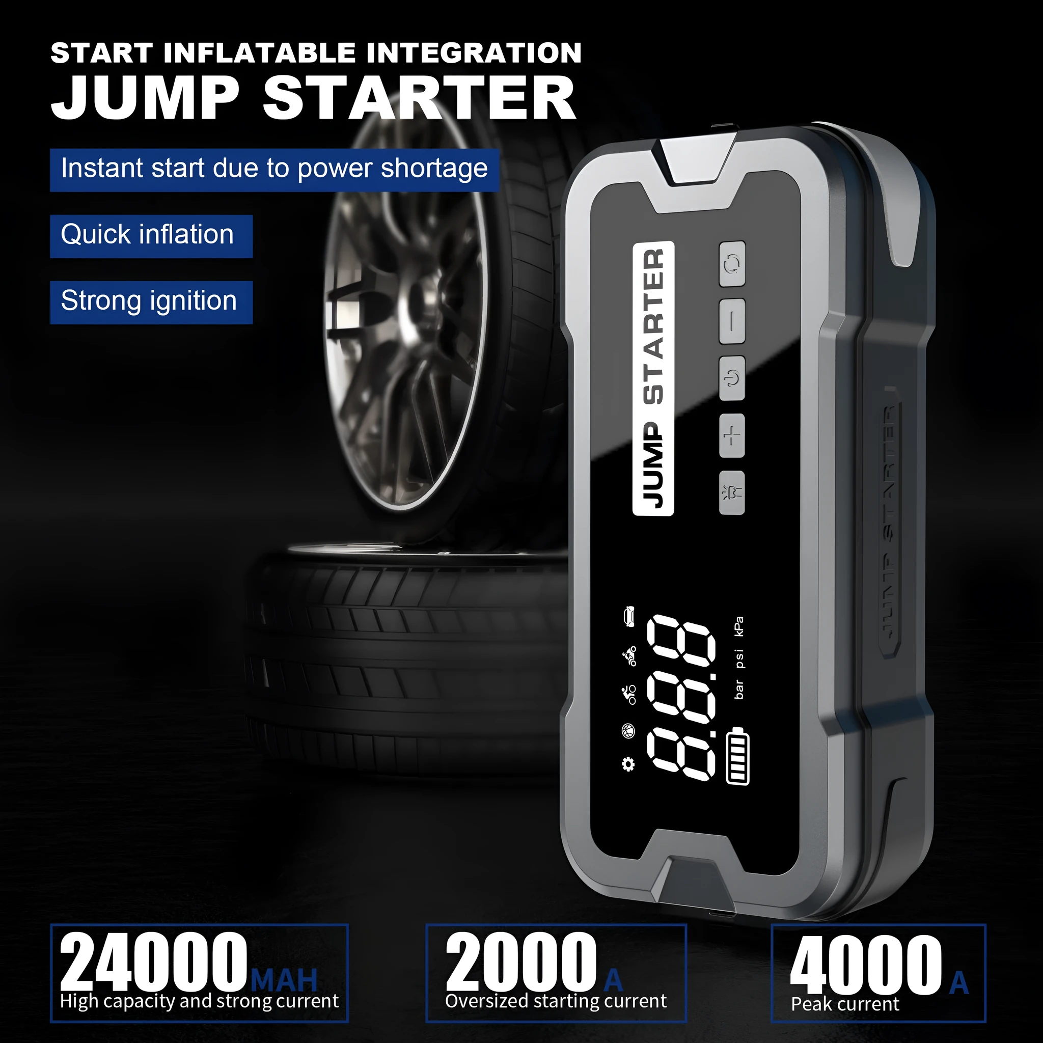 CY53 model black automotive jump starter power bank with built-in air compressor, LCD screen, and LED lights