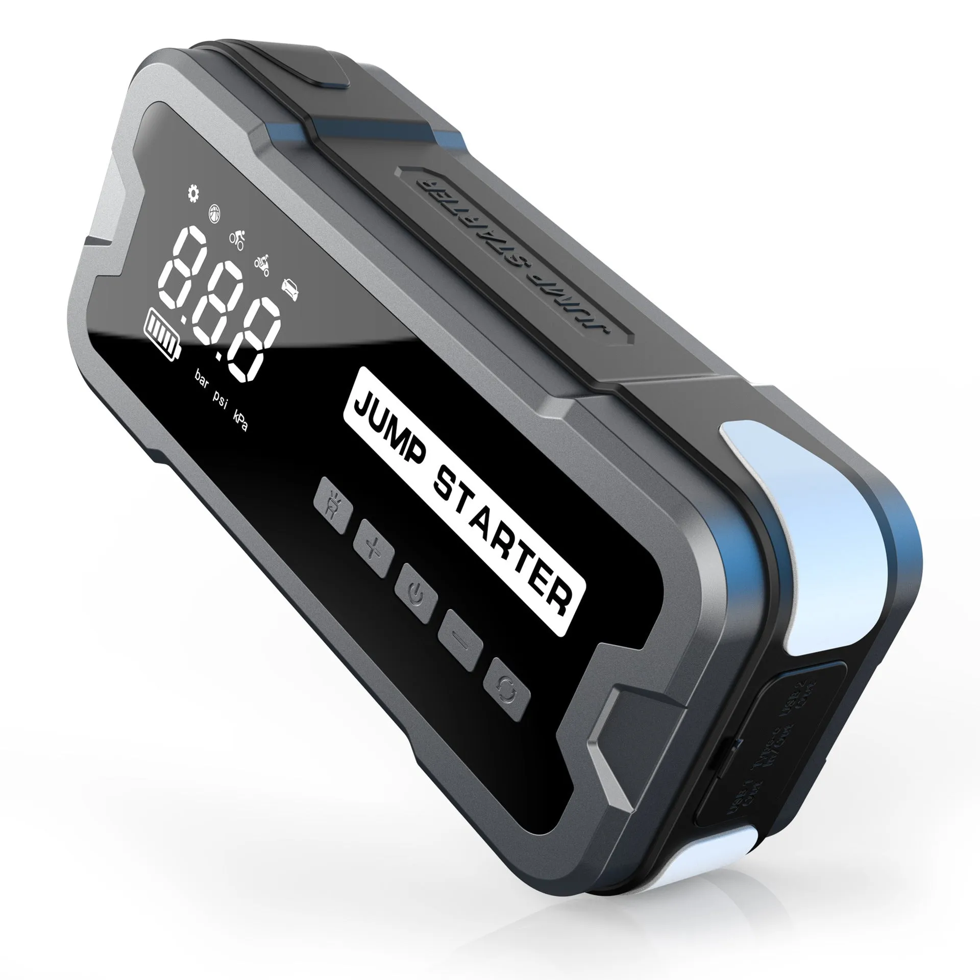 CY53 model black automotive jump starter power bank with built-in air compressor, LCD screen, and LED lights