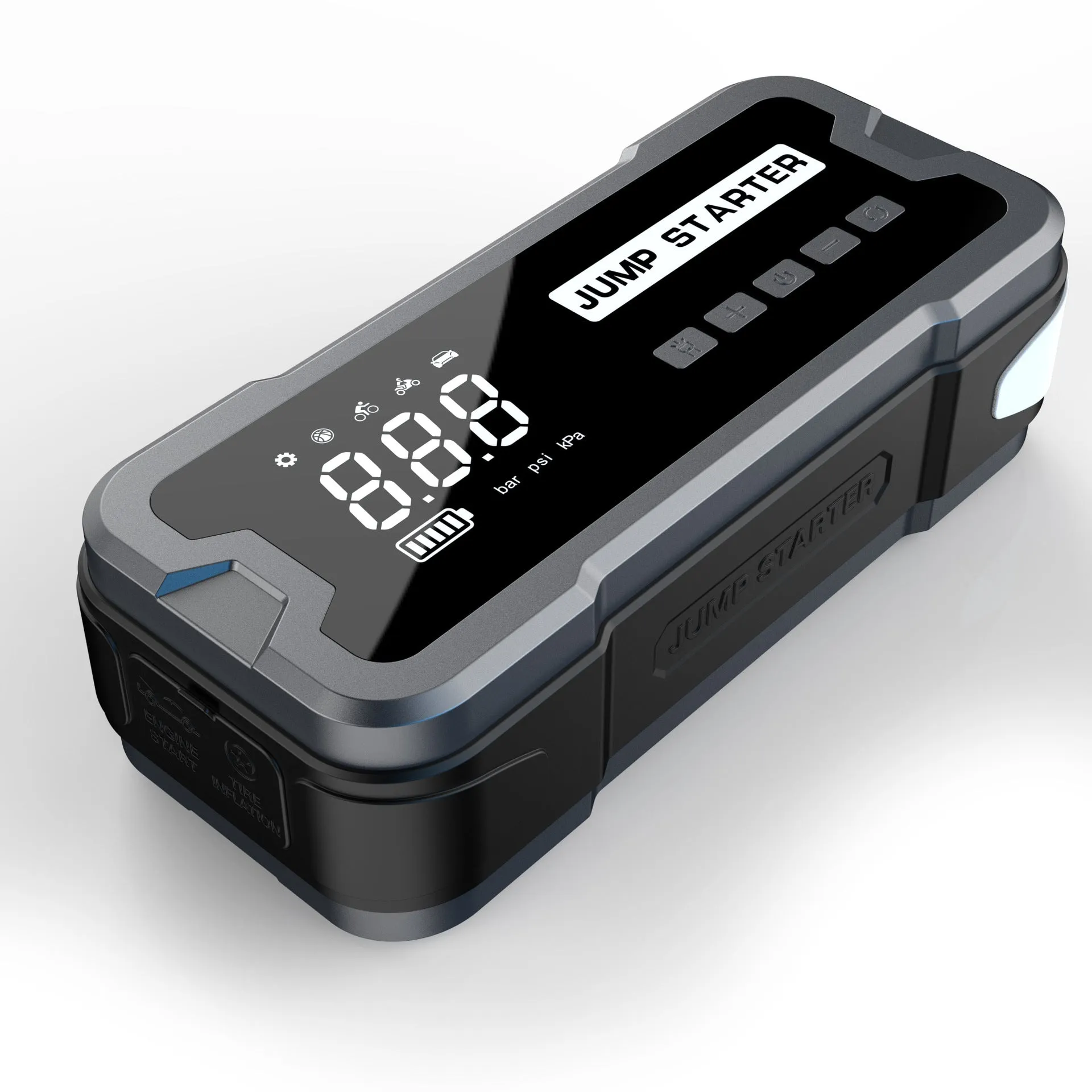 CY53 model black automotive jump starter power bank with built-in air compressor, LCD screen, and LED lights