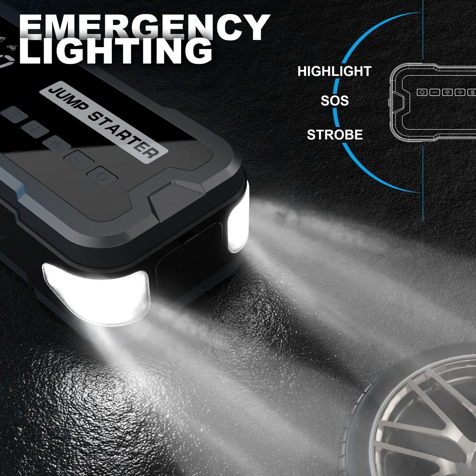 CY53 model black automotive jump starter power bank with built-in air compressor, LCD screen, and LED lights