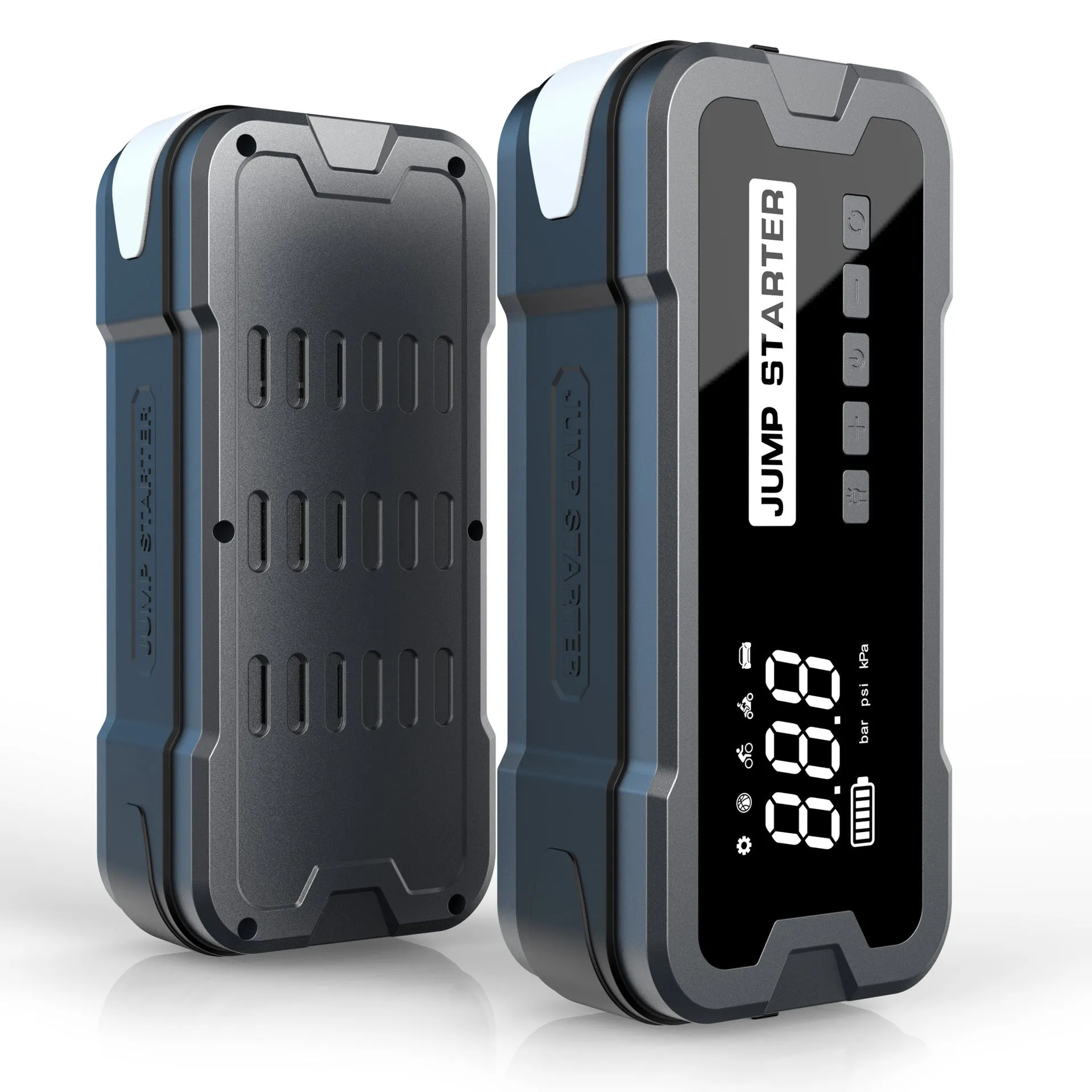 CY53 model black automotive jump starter power bank with built-in air compressor, LCD screen, and LED lights