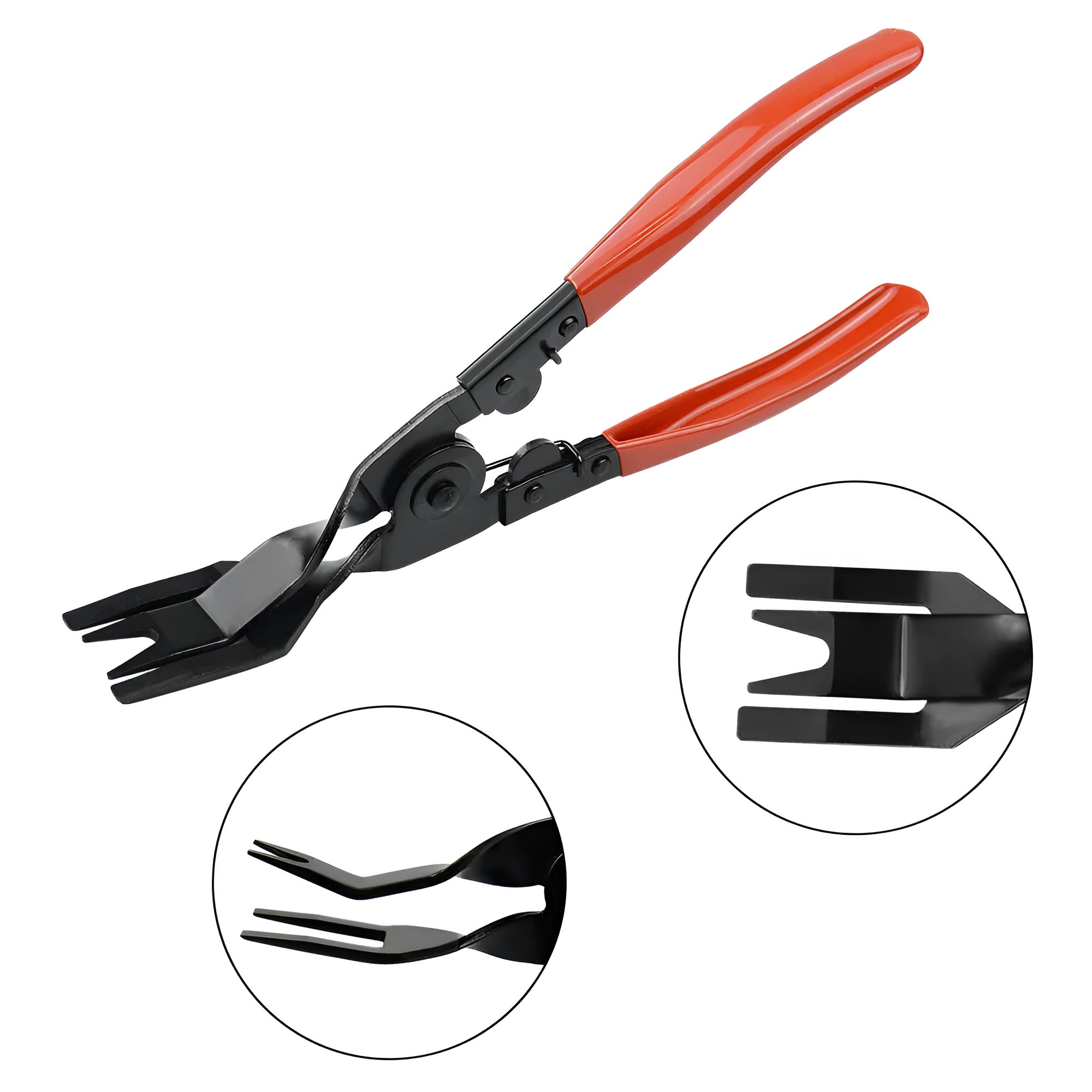 Red-handled steel automotive pliers for General Motors door panel clip removal.
