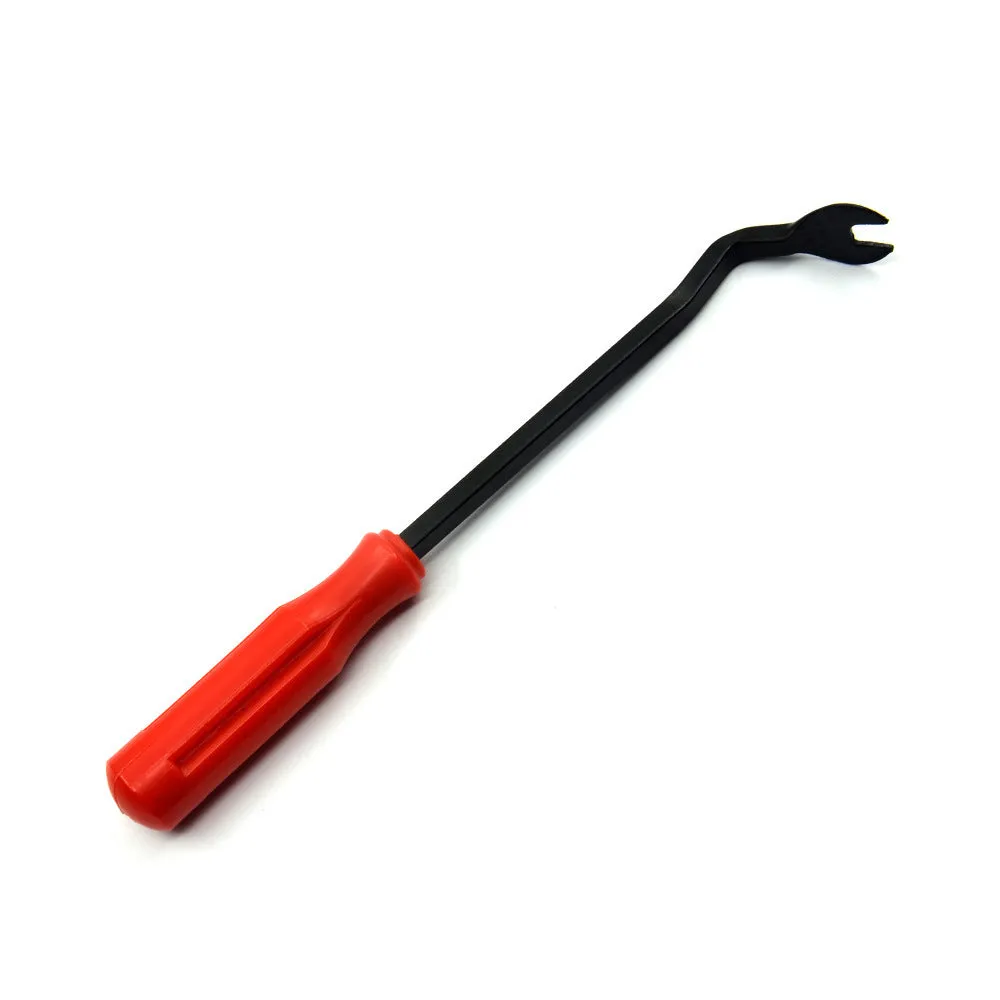 Red-handled steel automotive pliers for General Motors door panel clip removal.