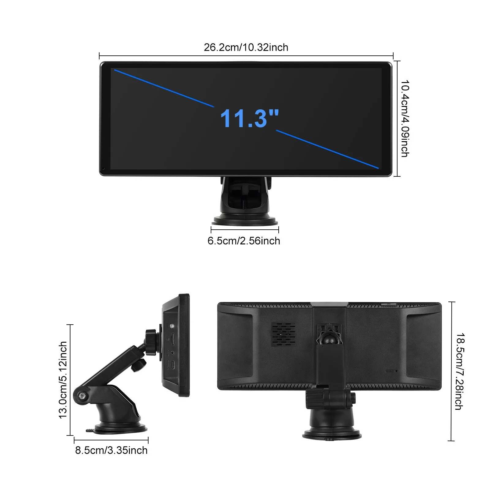 Android car stereo with 11.3-inch touchscreen display mounted in vehicle dashboard