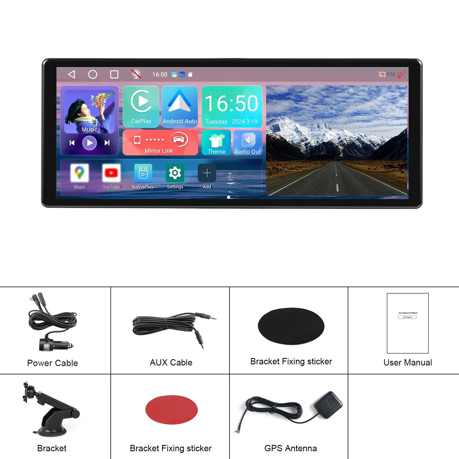Android car stereo with 11.3-inch touchscreen display mounted in vehicle dashboard