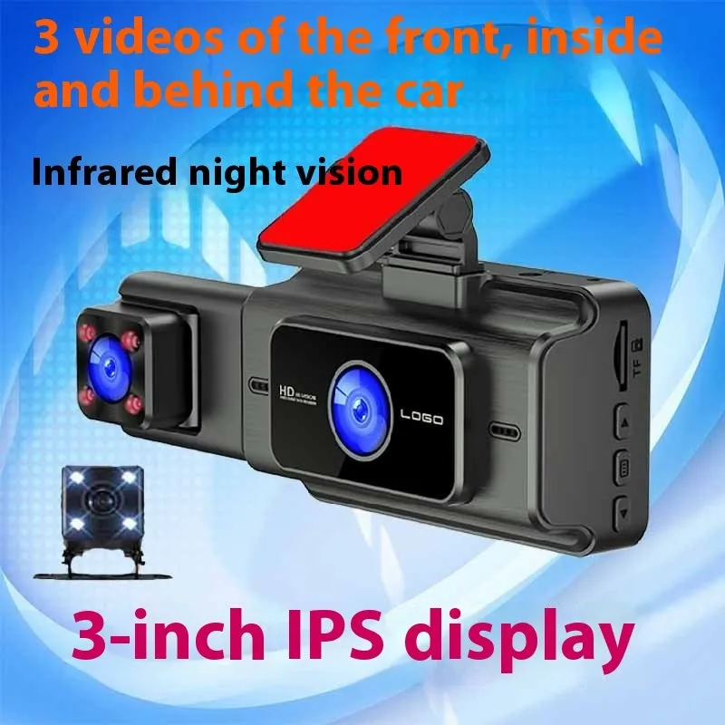 Black 3 lens car dash cam mounted on windshield with 3.0 inch screen