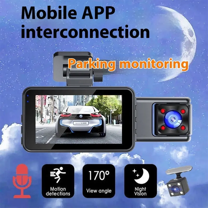 Black 3 lens car dash cam mounted on windshield with 3.0 inch screen