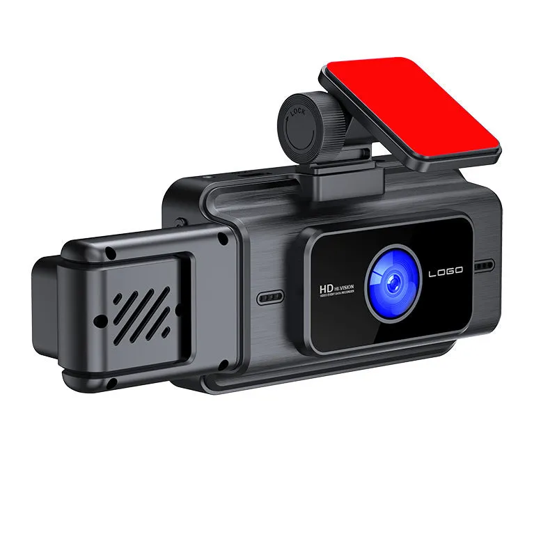 Black 3 lens car dash cam mounted on windshield with 3.0 inch screen