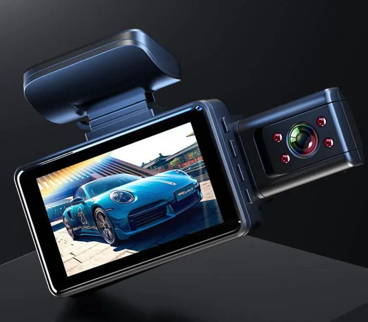 Front view of a car dashboard camera with a 3-inch screen mounted on a windscreen.